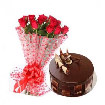 Red Roses With Chocolate Truffle Cake