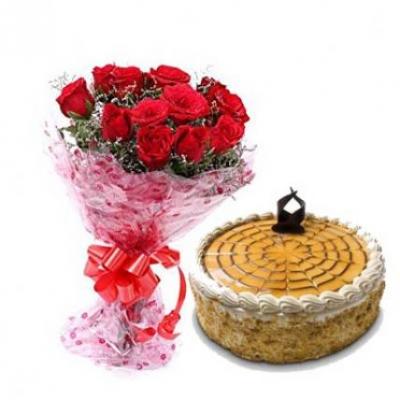 Red Roses With Butter Scotch Cake