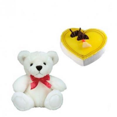 Teddy With Heart Shape Pineapple Cake