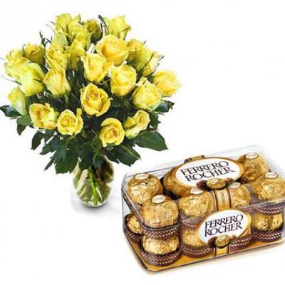 Yellow Roses Vase With Ferrero Rocher