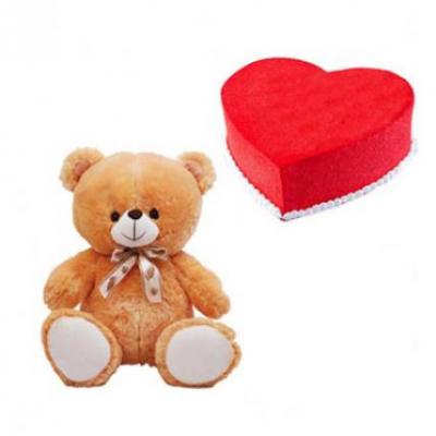 Teddy With Heart Shape Red Velvet Cake