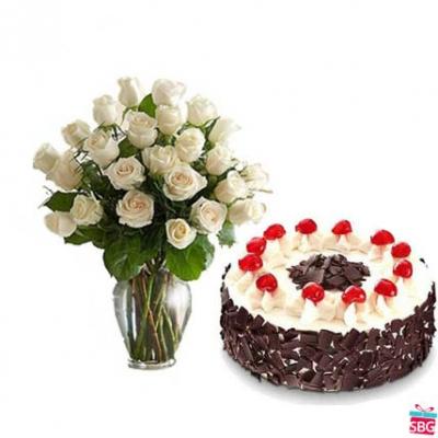 White Roses Vase With Black Forest Cake