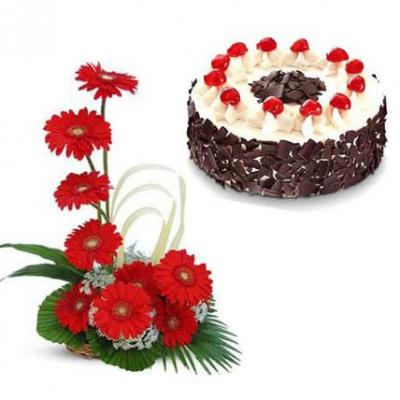 Red Gerbera Basket With Black Forest Cake