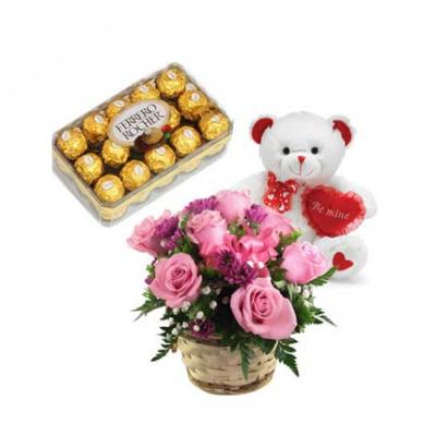 Pink Roses, Teddy With Chocolate