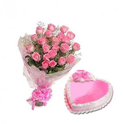 Pink Roses With Heart Shape Strawberry Cake