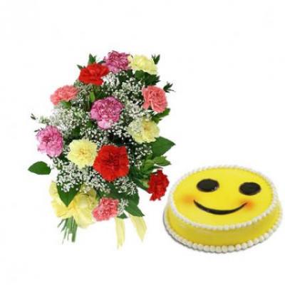 Carnations With Smiley Cake