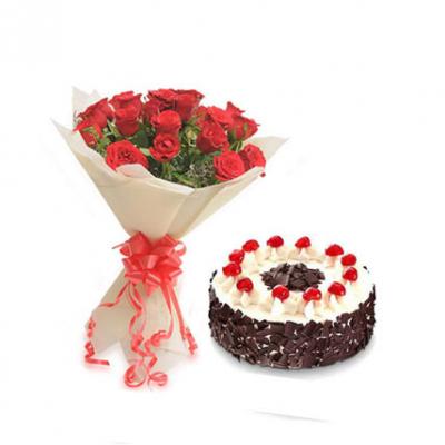 Red roses With Black Forest Cake