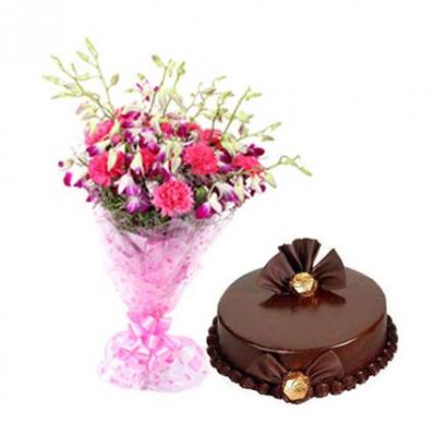 Orchids & Carnations With Cake Orchids & Carnations With Cake