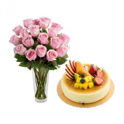 Pink Roses With Fresh Fruit Cake