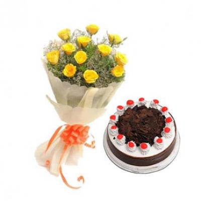 Yellow Roses With Black Forest Cake