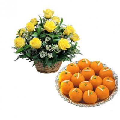 Yellow Roses Basket With Laddu Yellow Roses Basket With Laddu