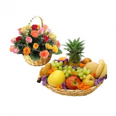 Fresh Fruits With Mixed Roses