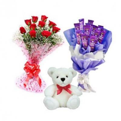 Roses, Teddy With Dairy Milk Bouquet