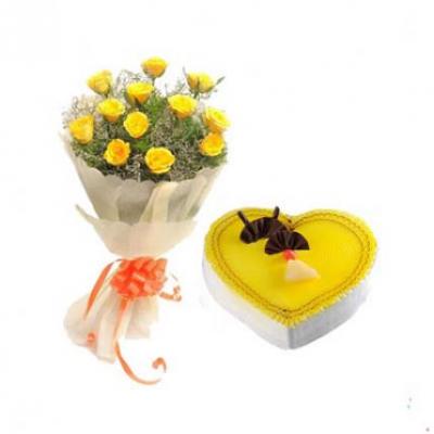 Yellow Roses With Heart Shape Pineapple Cake