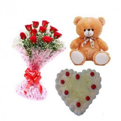 Roses, Teddy With Heart Shape White Forest Cake