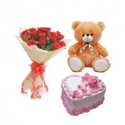 Roses, Teddy With Heart Shape Strawberry Cake Roses, Teddy With Heart Shape Strawberry Cake
