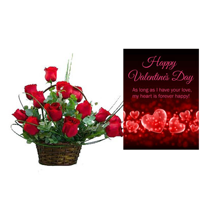 Red Roses Basket With Valentine Card