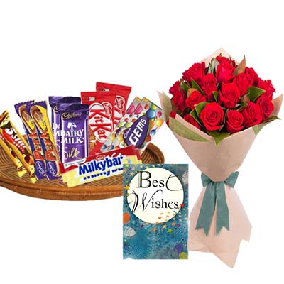 Mixed Chocolates Hamper With Card and Roses Mixed Chocolates Hamper With Card and Roses