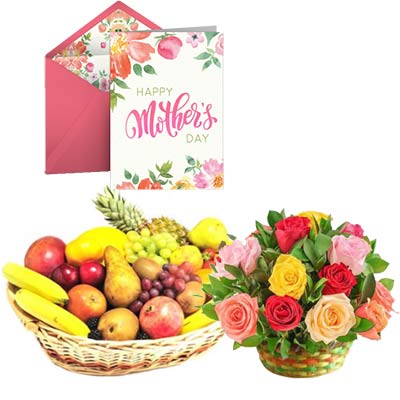 Fresh Fruits and Mixed Roses Basket With Mothers Day Card