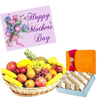 Fresh Fruits Basket and Kaju Burfi With Mothers Day Greeting