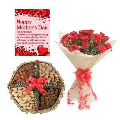Roses and Dry Fruits With Mothers Day Greeting