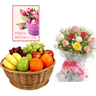 Fresh Fruits Basket & Mixed Roses with Mothers Day Card
