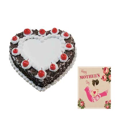 Heart Shape Black Forest Cake with Mothers Day Card Heart Shape Black Forest Cake with Mothers Day Card