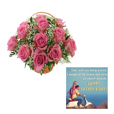 Pink Roses Basket With Fathers Day Card