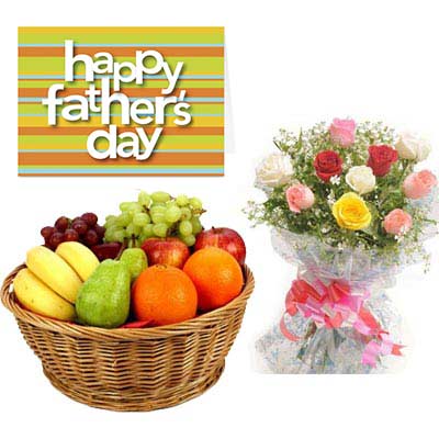 Fresh Fruits Basket & Mixed Roses with Fathers Day Card Fresh Fruits Basket & Mixed Roses with Fathers Day Card