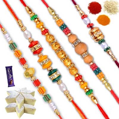 5 Rakhi Set with Sweets and Chocolate