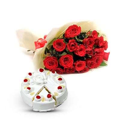 Eggless Pineapple Cake with 12 Red Roses Bouquet