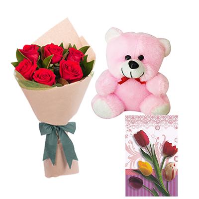Teddy, Flowers and Greeting Card