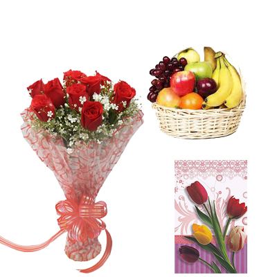 Fresh Fruits Basket with Flowers and Card Fresh Fruits Basket with Flowers and Card