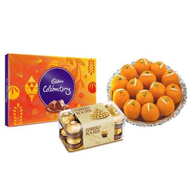 Motichoor Ladoo with Cadbury Celebration & Ferrero Rocher