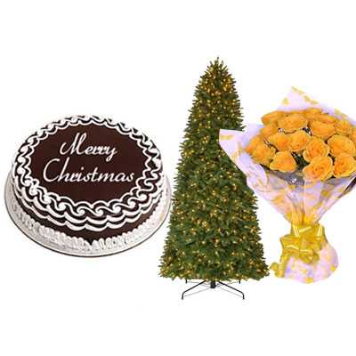 Christmas Chocolate Cake with Christmas Tree & Yellow Rose Bouquet