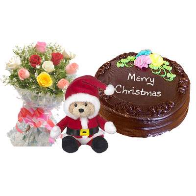 Santa Claus with Mix Roses Bouquet & Chocolate Cake
