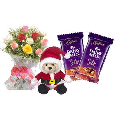 Santa Claus with Mix Roses Bouquet & Dairy Milk