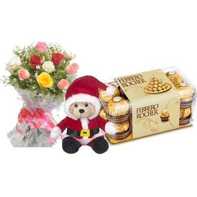 Santa Claus with Mix Roses Bouquet & Ferrero Rocher
