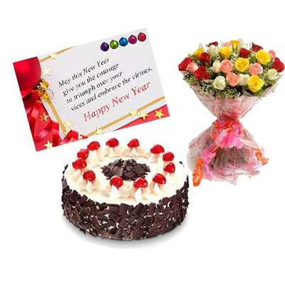 Mixed Roses, New Year Card & Black Forest Cake Mixed Roses, New Year Card & Black Forest Cake