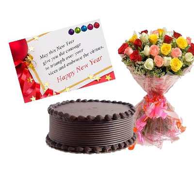 Mixed Roses, New Year Card & Chocolate Cake
