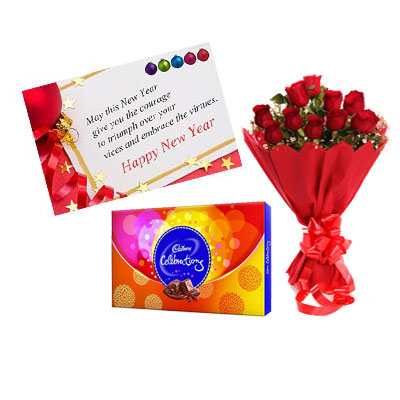 New Year Card, Red Roses & Cadbury Celebration New Year Card, Red Roses & Cadbury Celebration