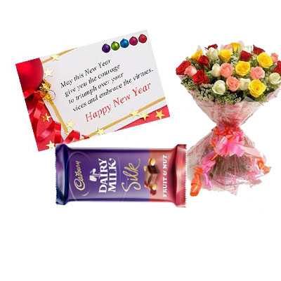 New Year Card with Mix Roses & Dairy Milk Silk New Year Card with Mix Roses & Dairy Milk Silk