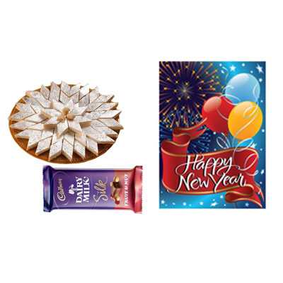 Kaju Burfi with New Year Card & Silk