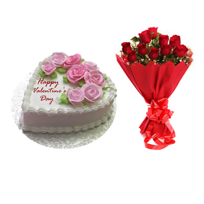 Valentines Flowery Vanilla Cake & Bouquet