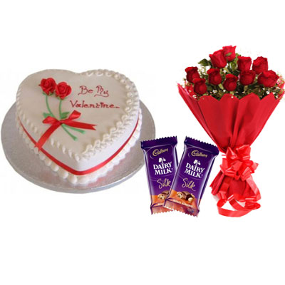 Valentine Day Strawberry Heart Shape Cake, Bouquet & Silk