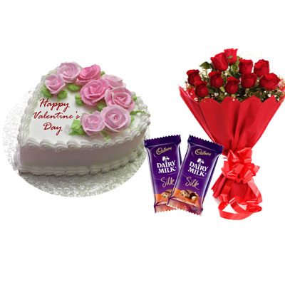 Valentines Flowery Vanilla Cake, Bouquet & Silk