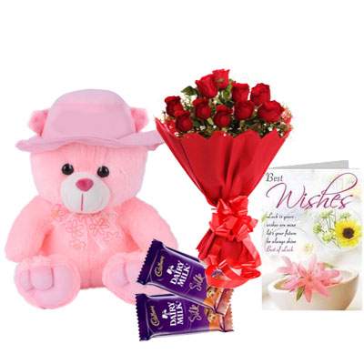 16 Inch Teddy with Bouquet, Silk Chocolate & Card 16 Inch Teddy with Bouquet, Silk Chocolate & Card