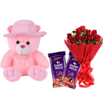 16 Inch Teddy with Silk & Bouquet