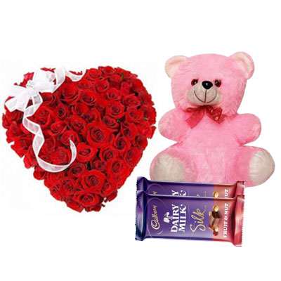 Red Rose Heart Arrangement with Teddy & Silk