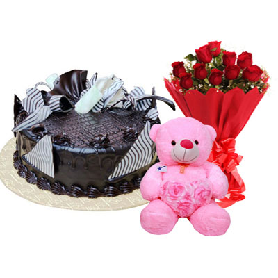 Chocolate Cream Cake, Bouquet & Teddy